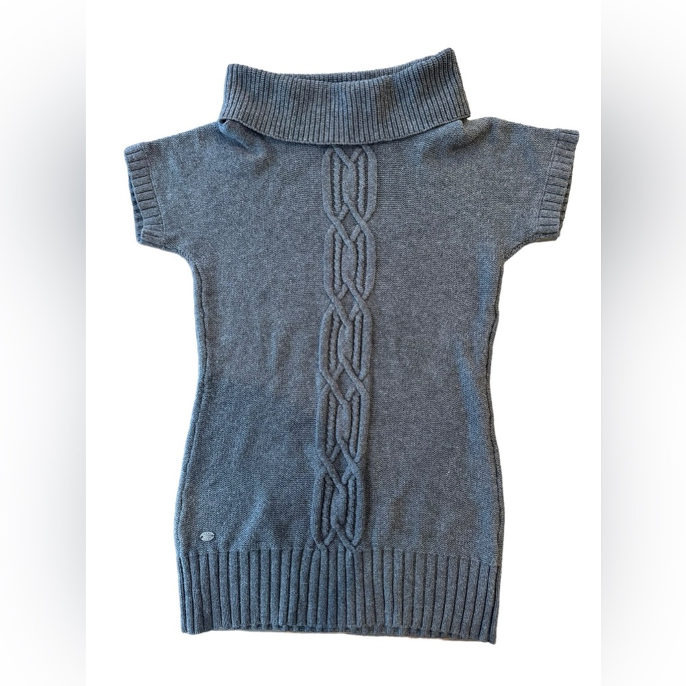 Athleta Turtle Neck Cowl Neck Cable Knit Grey Medium Short Sleeve‎ Sweater